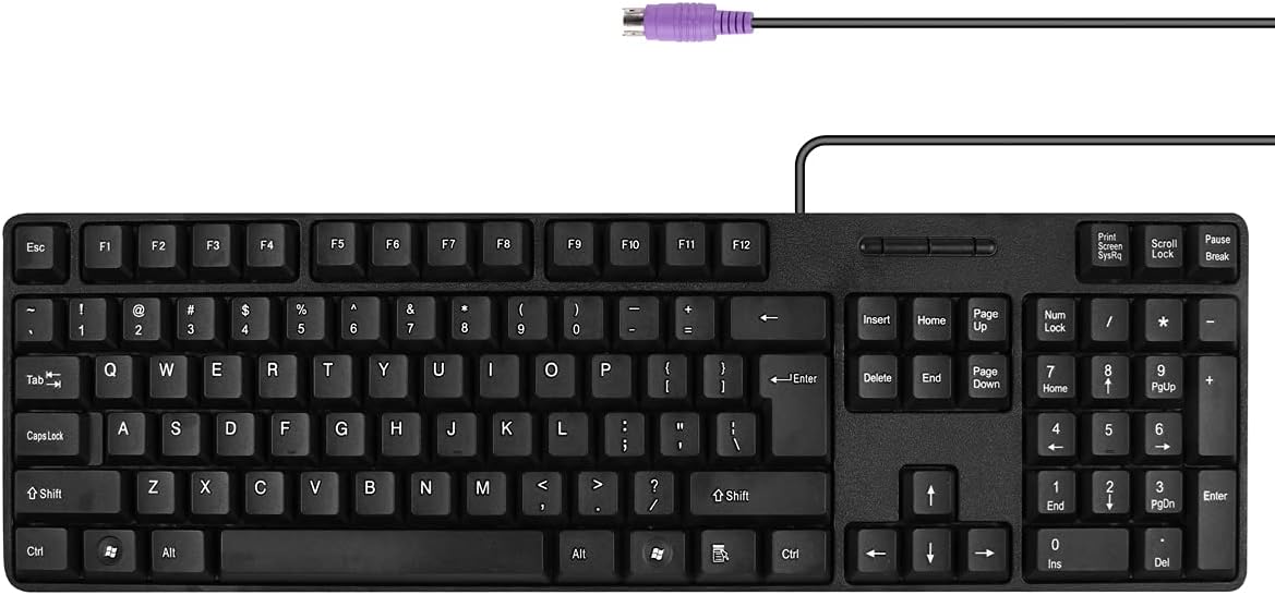 PC Keyboard with MCSaite Wired PS2 104 Key Stand, Black, Waterproof - Compatible US Layout for Windows, PC, Laptop