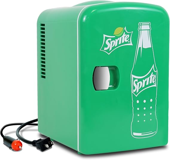 Sprite Mini Fridge - 6 Can Refrigerator for Bedroom Office, Portable Table Top Beverage Cooler, 12V 110V Refrigerador For Drinks, Soda, Wines, Use In Car, Dorm, Outdoor, Patio