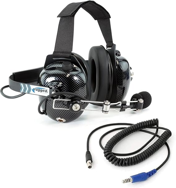 Rugged Radios Carbon Fiber Behind The Head Headset and Adaptor Cable for Intercoms Features 5-Pin to Off Road Coil Cord and Volume Control Knob 3.5mm Input Jack | Bundle with 24dB NRR, Noise-Canceling Mic, Clear Hear Speakers, Volume Control, 3.5mm Jack & RF-Blocking Adapter Cable