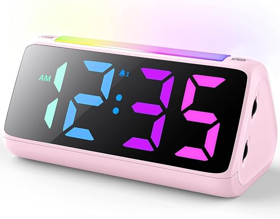 Netzu Super Loud Alarm Clocks for Heavy Sleepers, Digital Alarm Clocks for Bedrooms with RGB Night Light, Rainbow Time, Dual Alarm, Snooze, Plug-in (Pink)