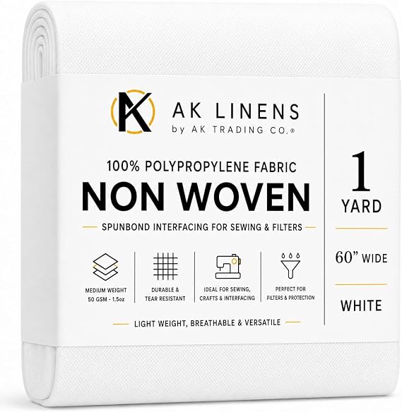 AK TRADING CO. Nonwoven 100% Polypropylene Fabric | Non-Woven Spunbond Interfacing for Sewing and Filters, 42 GSM (Medium Weight) (60" Wide, White - 1 Yard)