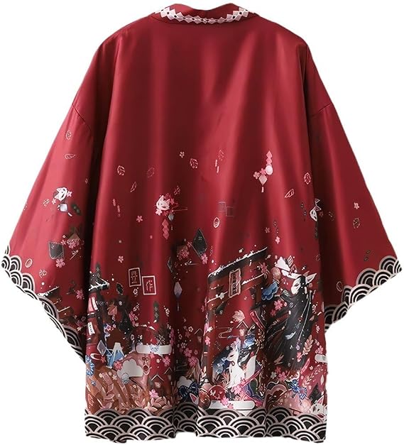 Fox Pattern Cardigan, Summer, Loose, Japanese Style, Yukata, Fashion, Traditional Kimono, For Men, Red