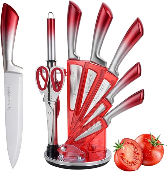 Elegant Red 9-Piece Kitchen Knife Set with with Acrylic Block