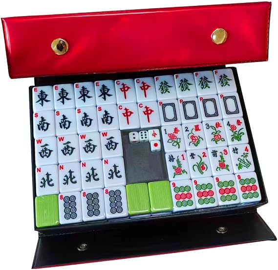 Mineup Mahjong Set, Chinese Mahjong Game Set with Carrying Travel Case, 3x2.25cm Mahjong Set Portable, Full Size with English Number for Travel Party Family Game, Green