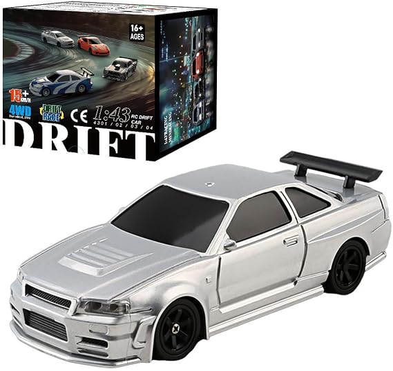 Remote Control Drift Car, 1:43 Mini Racing RC Drifting Auto Model with Lights Kit, Indoor Drift Vehicle Model Halloween Surprising for Adults Teens (RTR Version/Silver)