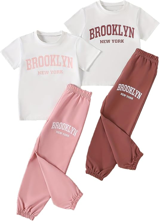 Girls 4 Pieces Outfits Short Sleeve Printed Tee Tops and Pants Set 4-12Y