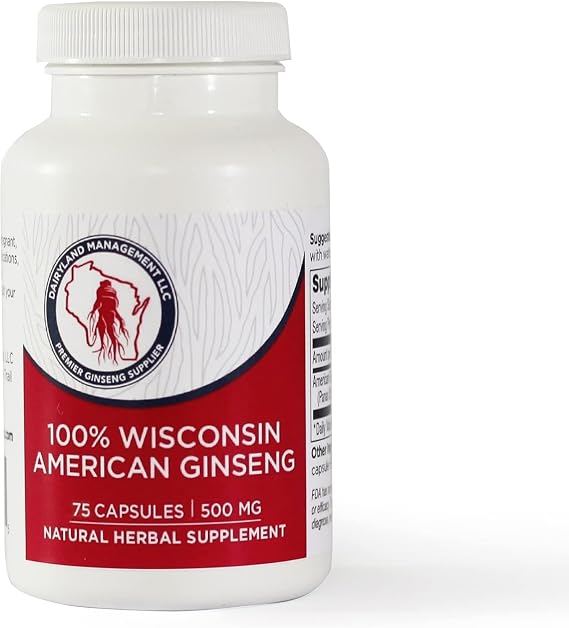 Dairyland American Ginseng Capsules, 75 ct (2000 mg) Concentrated Wisconsin Ginseng Root Extract Daily Herbal Supplement for Immune Support