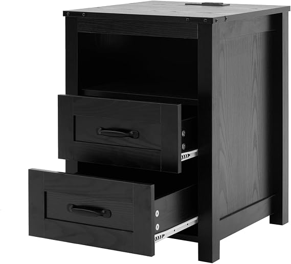 Black Night Stand, Rustic End Table with Charging Station, Farmhouse Tall Nightstand for Bedroom, Drawer Dresser Bedside Table with Open Storage Shelf