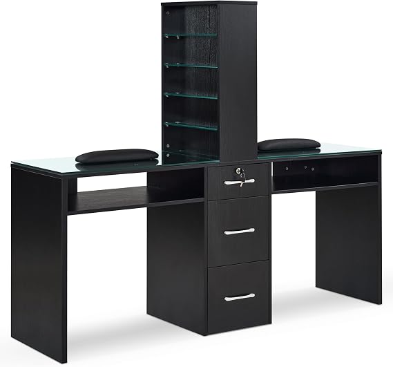 BarberPub Glass Top Double Manicure Table for Storage, Black 2666