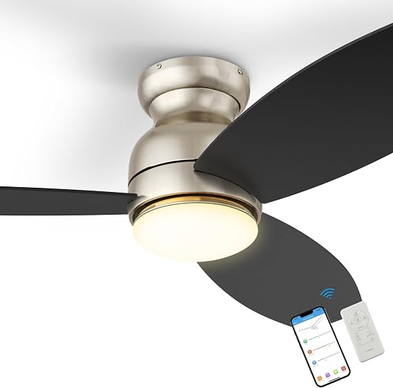SMAAIR 52" Smart Ceiling Fans with Lights,Flush Mount Ceiling Fan with Lights and Remote,Works with Siri/A-lexa/Google Assistant,3 Plywood Blades,10 Speed DC Motor,Indoor/Outdoor Use,Silver/Black
