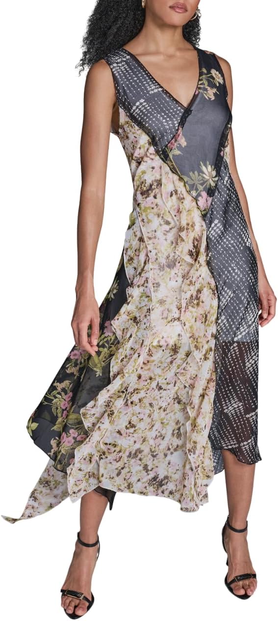 BCBG Women's Woven Ruffle Mixed Print Layered Dress