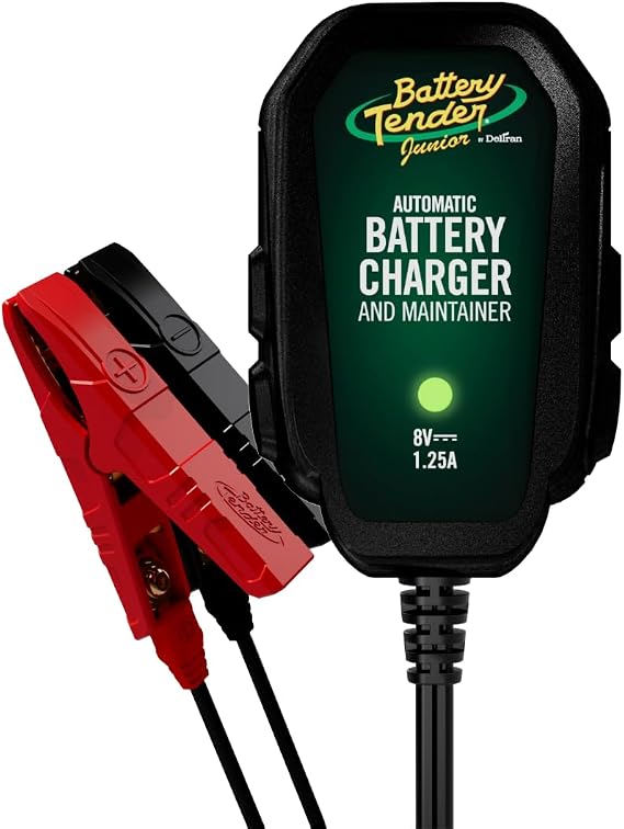 Battery Tender Junior 8V, 1.25 AMP Car Battery Charger and Maintainer: Fully Automatic 8V Automotive Battery Charger for Cars, Motorcycles, ATVs - 022-0197