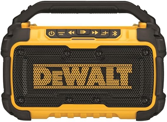 DEWALT 20V MAX Bluetooth Speaker, 100 ft Range, Durable for Jobsites, Phone Holder Included, Lasts 8-10 Hours with Single Charge (DCR010), Black Yellow