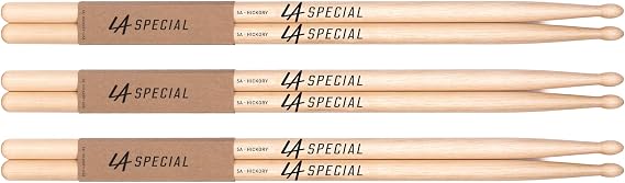 LA Specials Hickory 5A Drum Sticks, Wood Tip, 3-Pair Pack