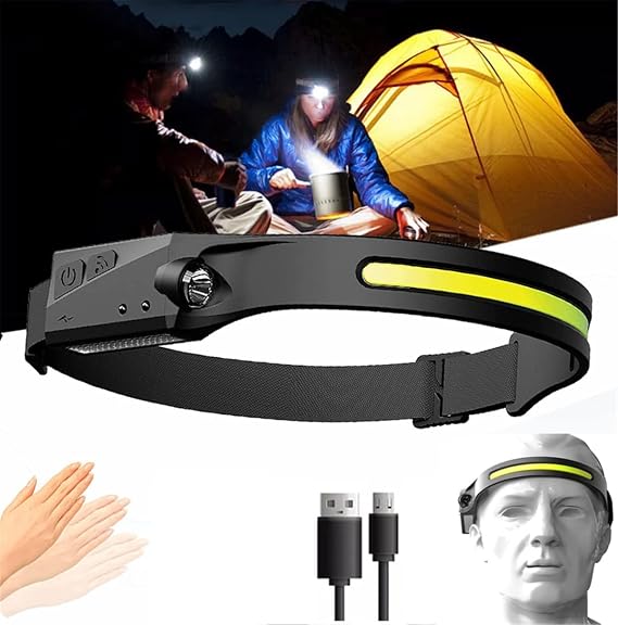 Strip Light Pro Headlamp, 230 Wide-Beam Headlight Flashlight, USB Rechargeable Headlamp with Motion Sensor- 2 COB 5 Modes Lightweight Waterproof Headlight for Indoor/Outdoor (1Pcs)