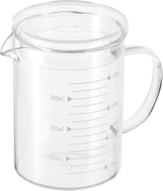 PATIKIL 350ml Glass Measuring Cup, 3.3 Borosilicate Glass Graduated White Printed Scale Liquid Measure Cups Beaker with Glass Lid and V-Shaped Spout for Kitchen