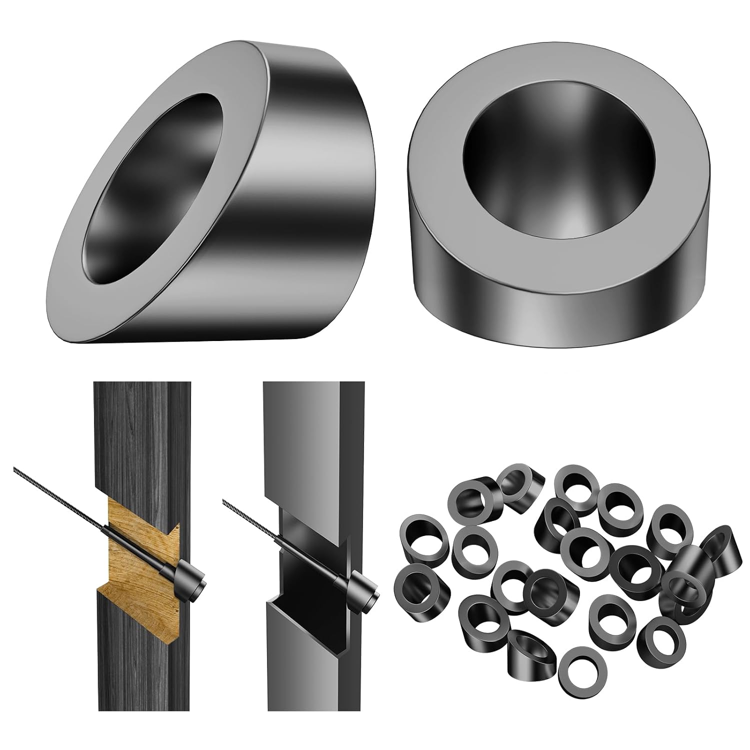BLIKA 20 Pack 516 ID Black Angle Washers for Cable Railing Stair Ends, Stainless Steel 30 Degree Black Angle Beveled Washer for 18, 316 Cable Railing Hardware, Cable Railing Angled Washer