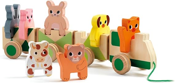 DJECO Trainimo Farm, Toddler Wooden Train, Stackable Animals