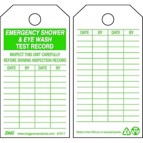 Zing Green Products 7017 "Emergency Shower & Eye Wash Test Record" Safety Tag, 5.75" Length, 3" Width, Pack of 10
