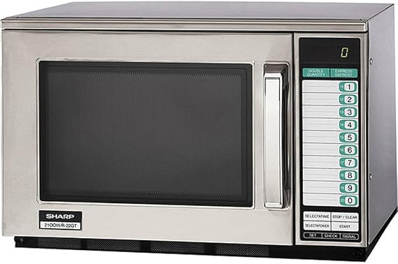 Sharp R-22GT Commercial Microwave Oven, Heavy Duty, 1200 Watt, 0.70 cu. ft. Capacity, Stainless Steel, 20 Program Inputs, 11 Power Levels, Express Defrost, 3-Stage Cooking, Digital Display
