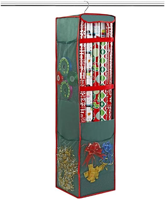 ProPik Christmas Hanging Wrapping Paper Storage Bag Organizer Swivel Hanger Multiple Pockets and Loops Holds 25 Rolls 40 Inch Plus Space for Ribbons Bows and Gift Wrap Folds Flat (Green)
