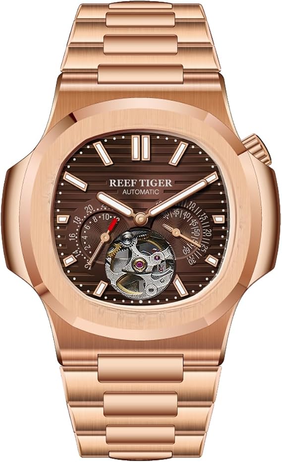 REEF TIGER Men's Rose Gold Square Watch Crystal Bezel 24-Hour Tourbillon Mechanical Waterproof Automatic RGA20S7 Fashion Timepiece