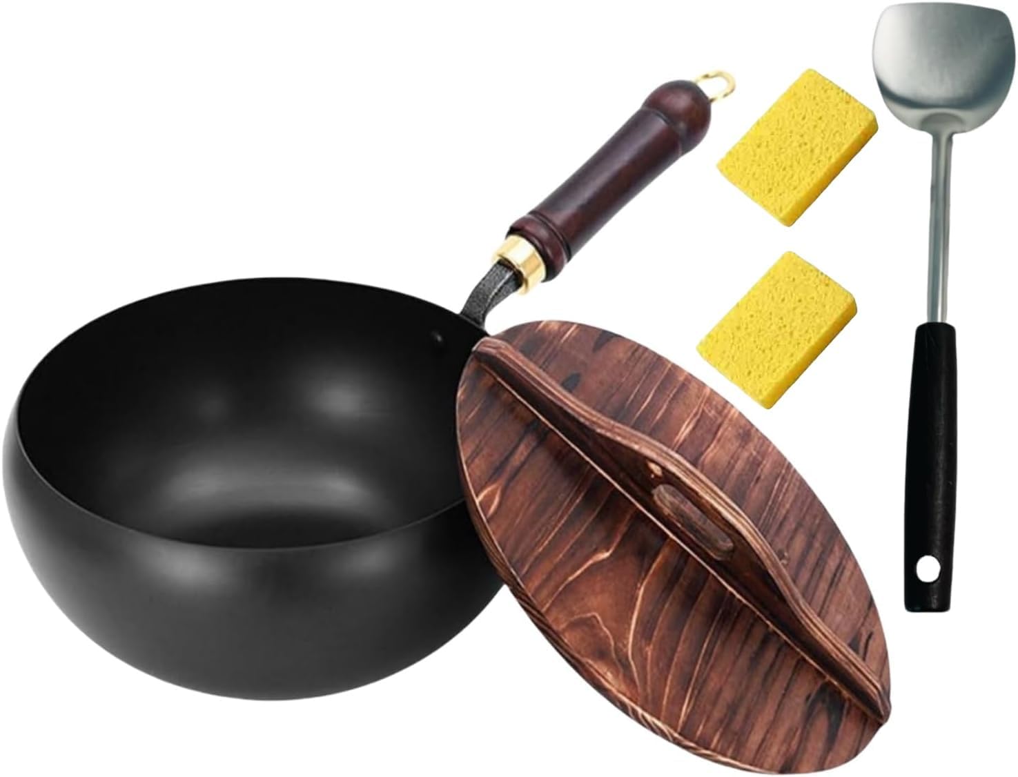 Japanese Uncoated Iron Pan, 9.45 inch Hand-Forged Non-stick Iron Pan Without Coating Durable and Rust-Free Cooking Wok Induction,for Cooker Gas Stir Fry Pans, with Spatula,Wooden Lid 26cm