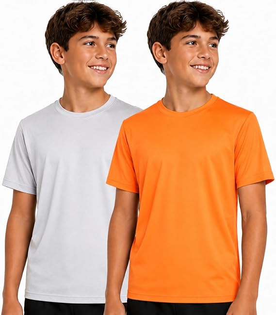 RBX Boys Shirts, 2 Pack Lightweight Crewneck Moisture Wicking Short Sleeve | Breathable Dry Feel Keeps Kids Cool, Great for Training, Practice, or Casual Wear, Pairs Easily with Everyday Bottoms