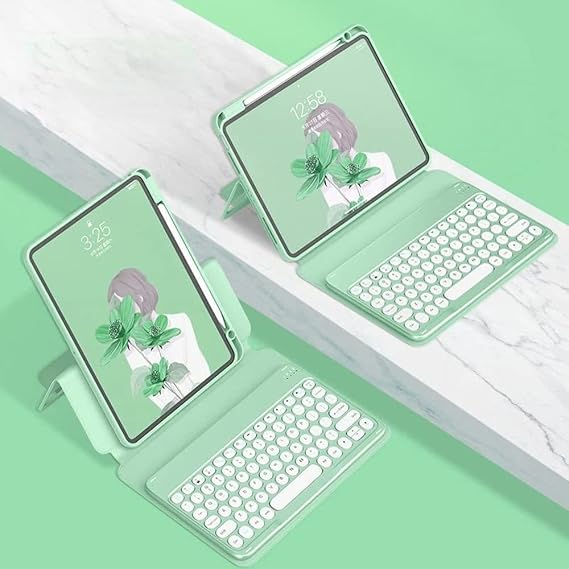 iPad Air2 Keyboard Case - 9.7'' Magnetic Detachable BT Keyboard, Transparent Back Cover, Vertical Kickstand, Cute Round Key (Mint Green)