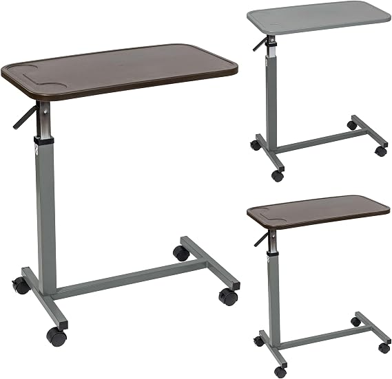 Mahogany Overbed Table with Composite Top and Adjustable Height - Over Bed Table with Wheels - Medical Rolling Bedside Table for Hospital and Home Use