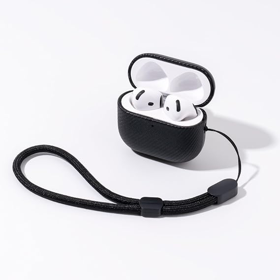 for AirPods 4 Case | Slim Hard Cover Compatible with Airpods 4th Generation | Premium Synthetic Leather | Full Drop Protection Cover with Lanyard | Air Pods 4 Case - Black