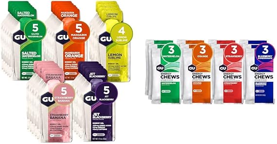 GU Energy Gel 24-Count Variety Pack and GU Energy Chews 12-Pack Variety Bundle with Amino Acids and Electrolytes