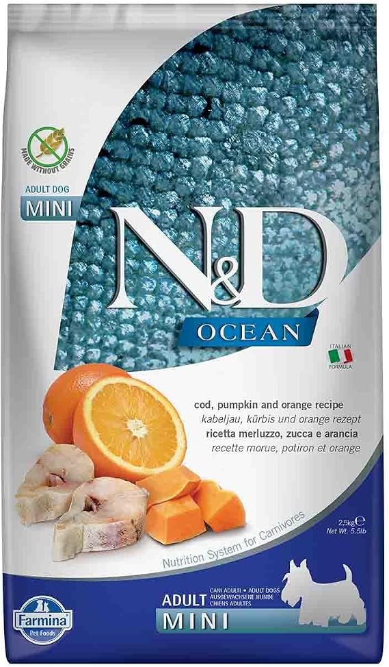 Farmina Pet Foods N&D Ocean Kuru Köpek Maması, Morina Balığı, Balkabağı & Portakallı, Yetişkin Mini, 2.5 Kg