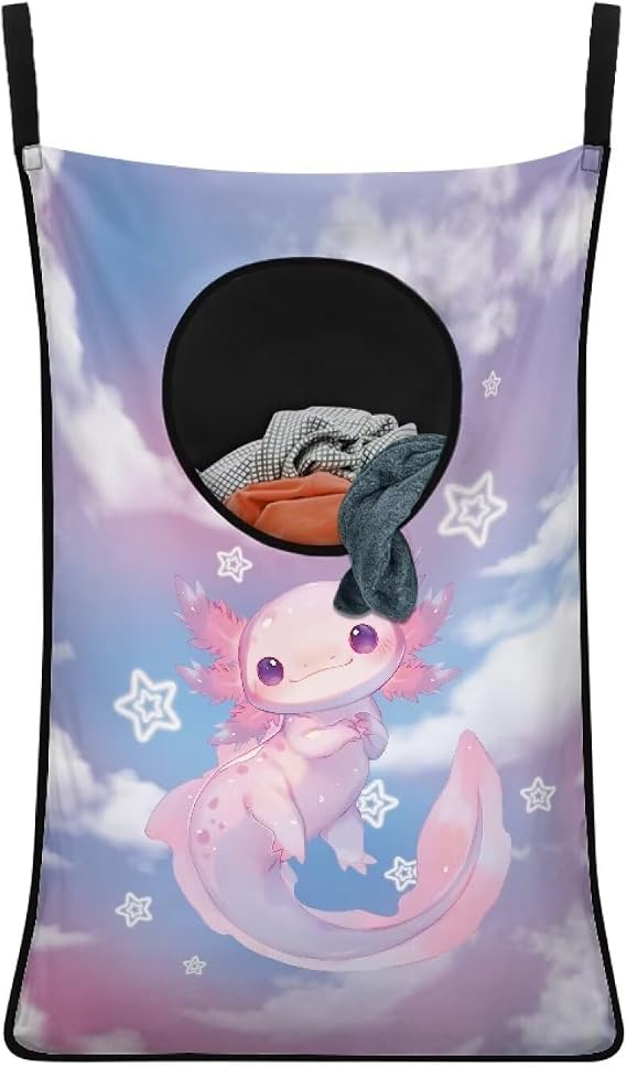 ZOUTAIRONG Cute Pink Axolotl Print Laundry Hamper Hanging Laundry Bag for Bathroom, Zipper Toys Storage Space Saving Organizer