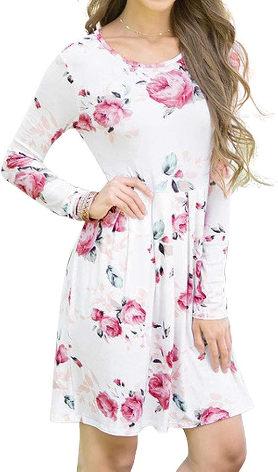 Match Women's Round Neck Long Sleeve Floral Print A-line Dress