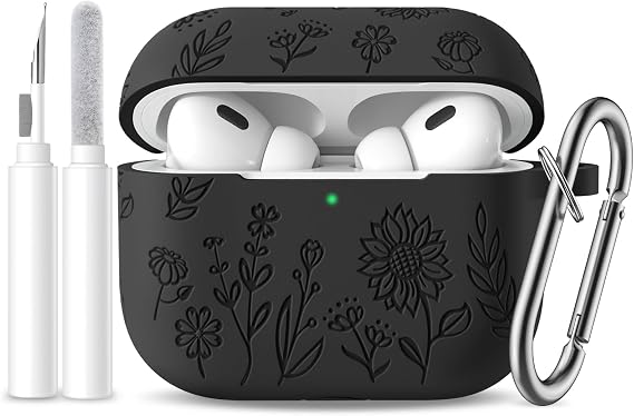 Hamile for AirPods Pro 2nd Generation Case with Cleaner Kit & Keychain, Flower Engraved Soft Silicone Protective AirPods Pro Case Cover for Apple AirPods Pro Case 2nd/1st Gen,Front LED Visible,Black