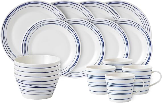 Royal Doulton Dinner Set, Stoneware, Designed to Mix & Match, 1815 Pacific Dinnerware Set, Blue Lines, 16 Piece Set