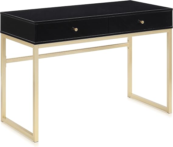 BELLEZE Modern 42 Inch Makeup Vanity Dressing Table or Home Office Computer Laptop Writing Desk with Two Storage Drawers, Wood Top, and Gold Metal Frame - Bronte (Black)