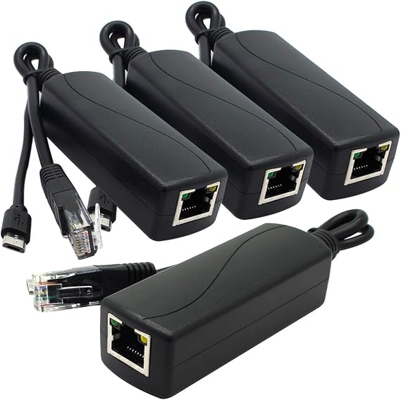 ANVISION 4-Pack Gigabit PoE Splitter 48V to 5V 2.4A Micro USB Ethernet Adapter Compatible with Raspberry Pi 3B+ IP Camera and More