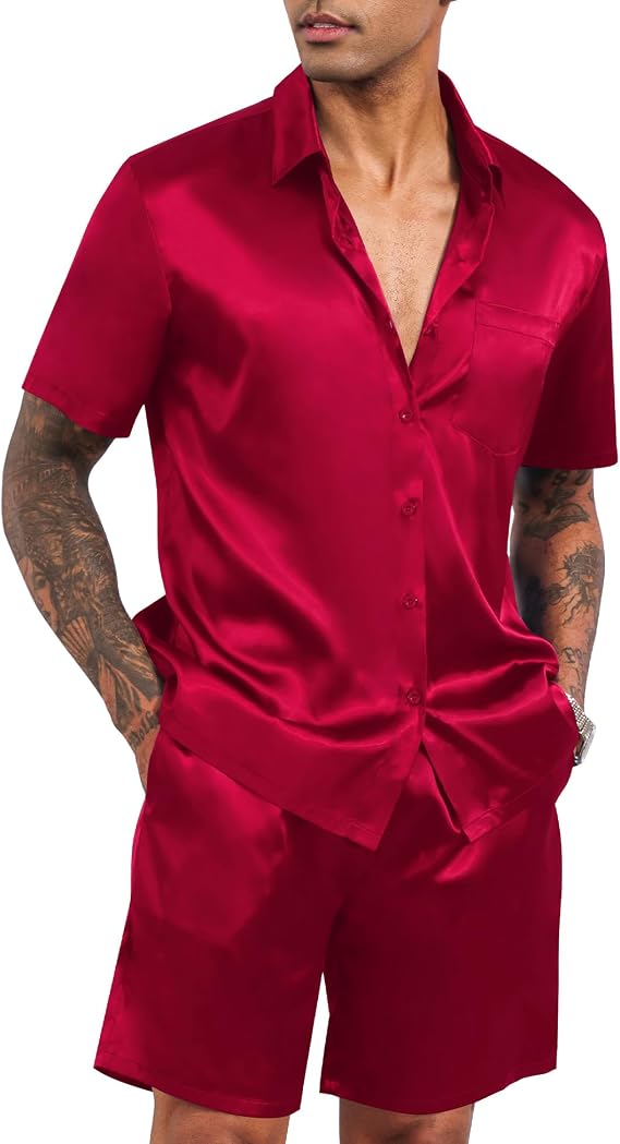 LecGee Men's Satin 2 Piece Outfits Lapel Shirt and Shorts Short Sleeve Button Down Tracksuit Luxury Set Prom Club Party