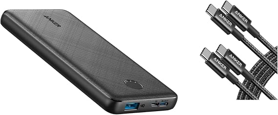 Anker USB C to USB C Cable, Type-C 60W Fast Charging Cable (6FT, 2Pack) Power Bank(PowerCore 10K),Compact Travel-Ready 10,000mAh Battery Pack