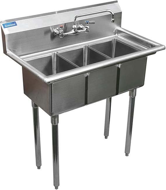 Stainless Steel Sink - 3 Compartment Sink 10"x14"x10" with Legs and Faucet | Utility | Commercial | Laundry | Kitchen | NSF