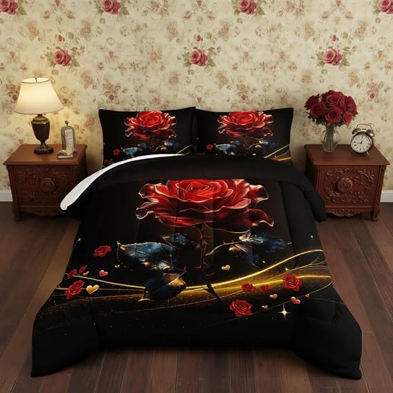 Romantic Roses Comforter Set Twin Size,Red Gold Floral Bedding for Adult Women Girls Valentine's Day Decor,Soft Warm Fluffy Comforter Sets with 2 Pillowcases.