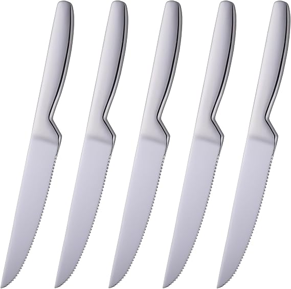 Steak Knife Set, 5 Piece Serrated Heavy Duty Stainless Steel Table Knife, One Piece Handle, Cuts Steak and Chicken, Breaded