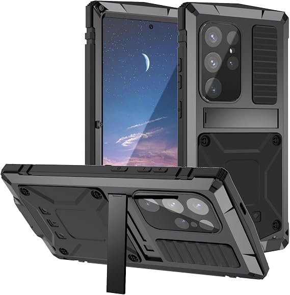 メタル ヘビーデューティー ケース Samsung Galaxy S26 ウルトラ アルミニウム ミリタリー グレード 頑丈なケース メタリックスタンド スクリーン プロテクター ネジ 防塵 耐衝撃 フルカバー 男性用 ブラック