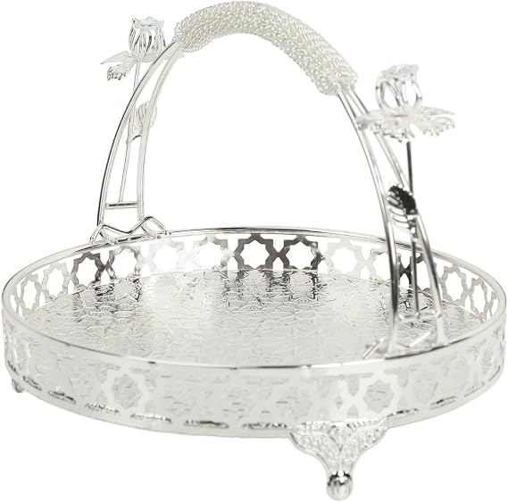 GLOGLOW Retro Style Round Fruit Tray with Large Capacity & Handle Design - Strong Alloy Decorative Fruit Bowl for Parties, Family gatherings, Bars, and Cafes (Silver)
