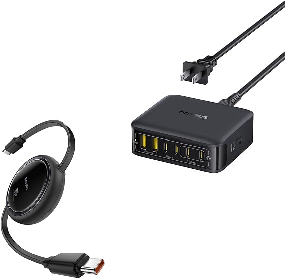Baseus Charging Station 120W, 6-in-1 USB-C PD Fast Charging Desktop Charger with 5ft Extension Cord and Baseus USBC to USBC Cable, 100W Retractable USB C 5A Fast Charging Cable