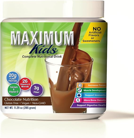 Maximum Kids Complete Organic Powder Mix. Great Tasting, Easy to use, Complete Nutritional Drink with 26 Vitamins and Minerals, 20g of Plant Protein, 3g of Fiber. Kid Tested. Parents Approved.