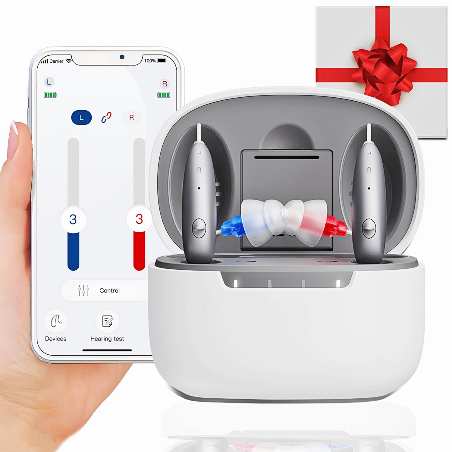 Self-Fitting Hearing Aids with Bluetooth, OTC Hearing Aids for Seniors with Advanced 2-in-1 Functional Charging Case Rechargeable, App Control Hearing Test, Invisible Fit