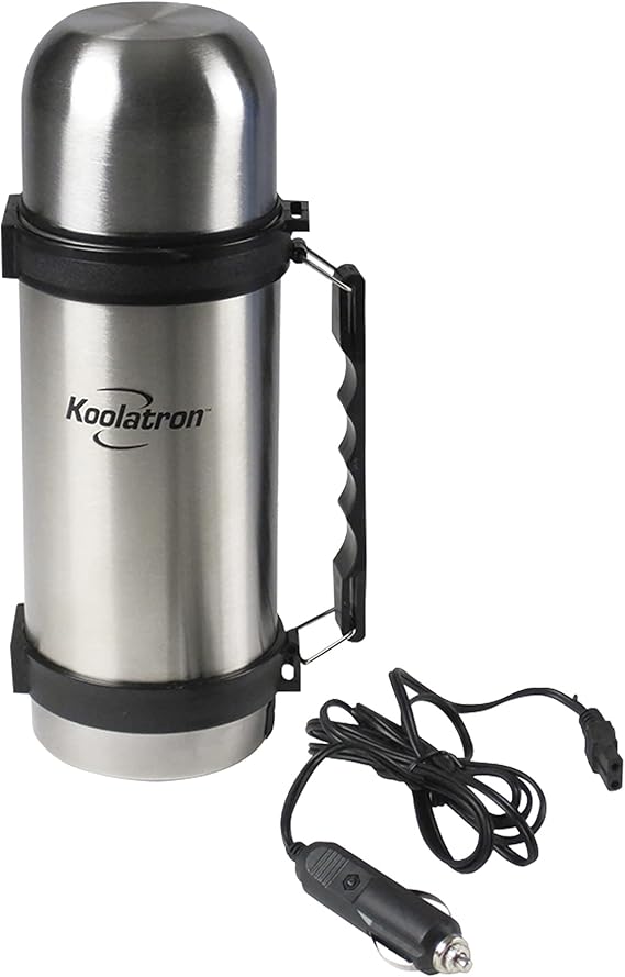 Koolatron 12V Insulated Vacuum Flask with Heater, 1L Silver and Black Stainless Steel, Push Button Dispenser, for Car, SUV, Truck, RV, Boat